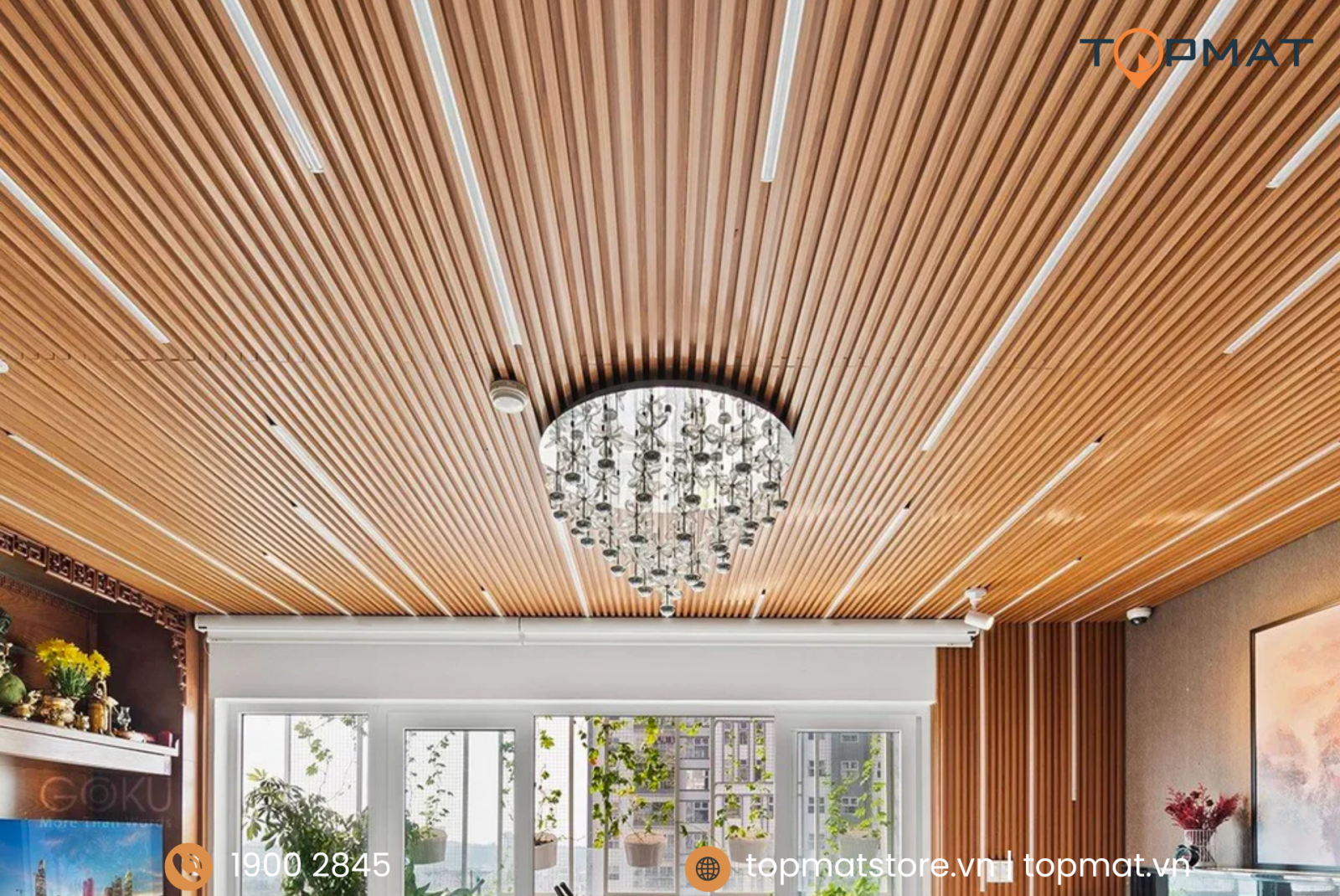 Trần nhôm sóng Basi m145 được ứng dụng trong phòng khách tạo hiệu ứng sang trọng, hiện đại