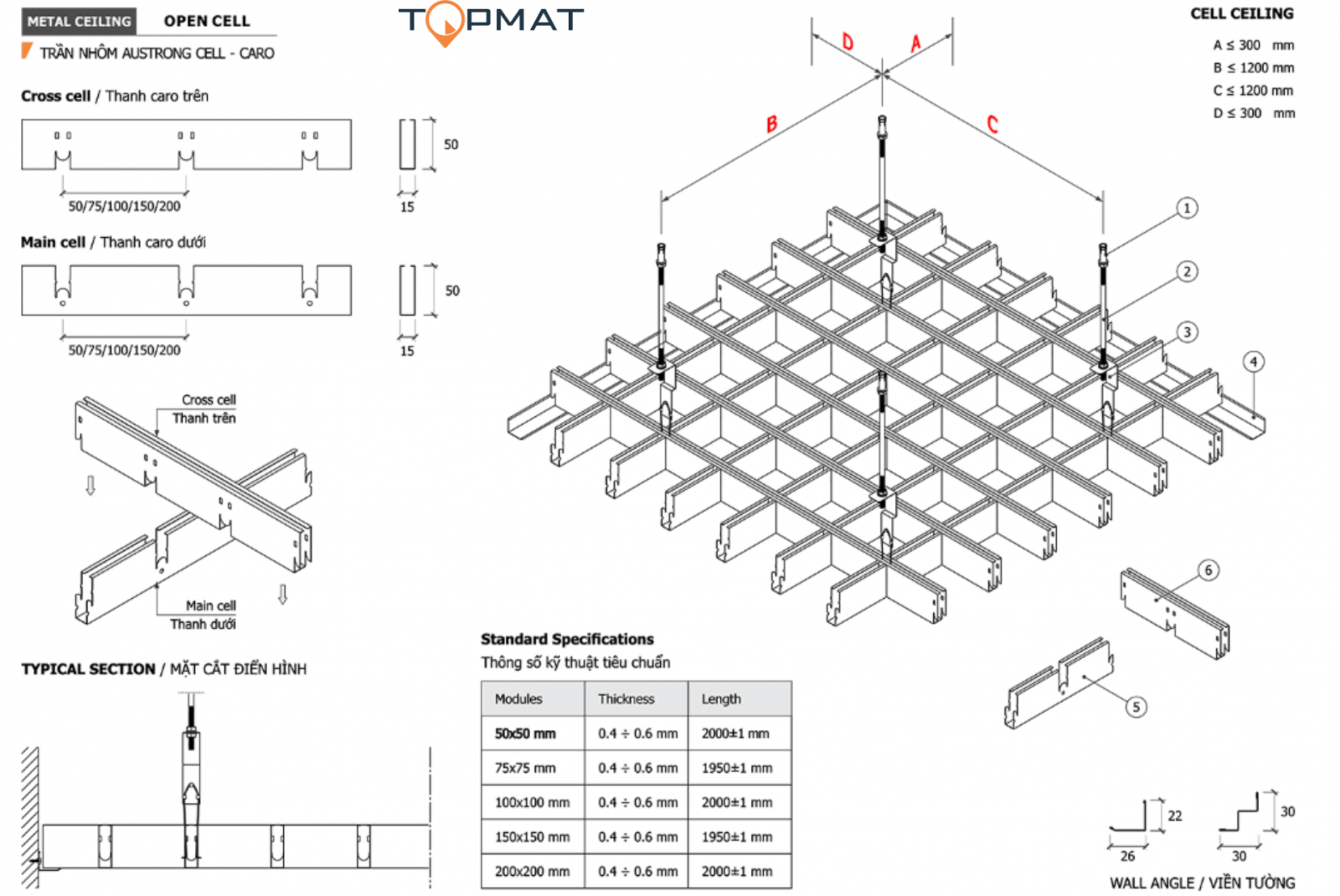 Bản vẽ chi tiết cấu tạo trần nhôm caro