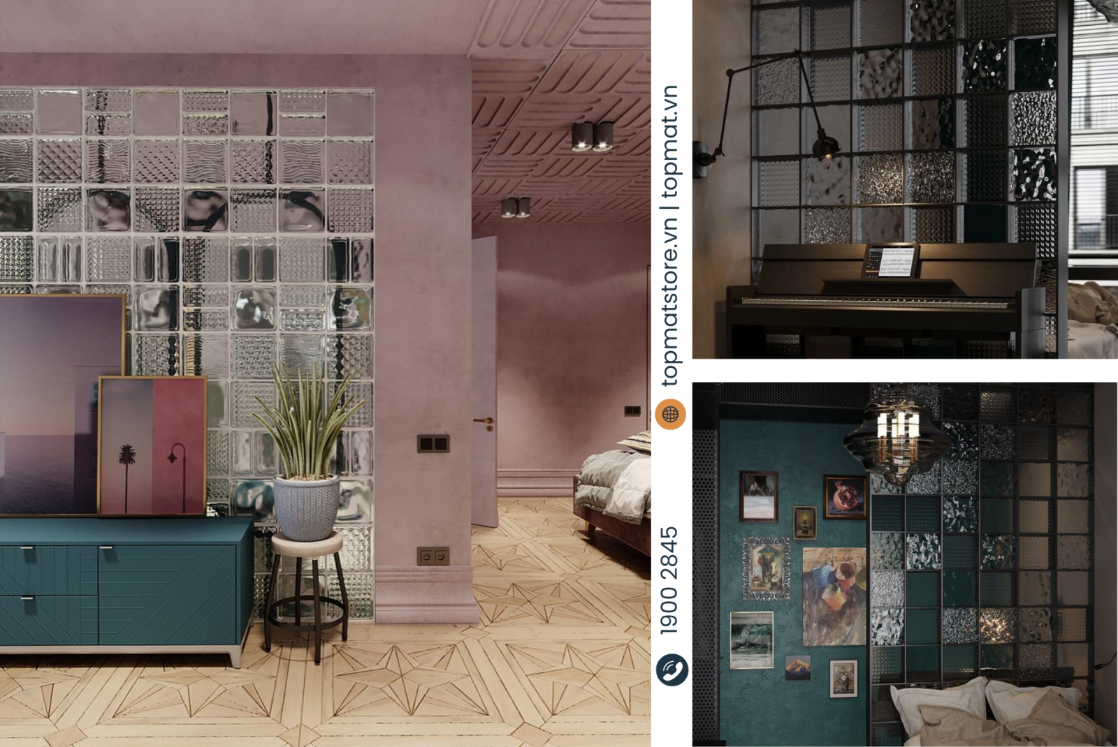 Gạch kính kết hợp đa dạng các hoa văn tạo nên vách ngăn trang trí phòng khách độc đáo, ấn tượng