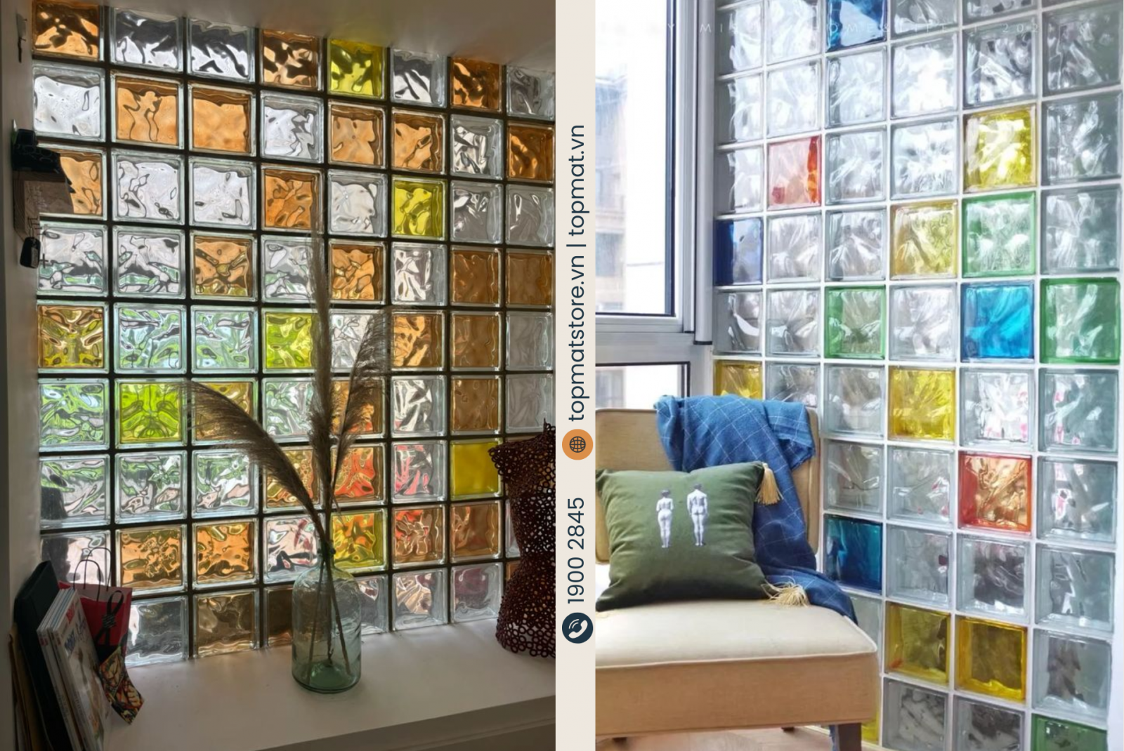 Gạch kính màu trang trí phòng khách tạo không gian nổi bật, ấm cúng