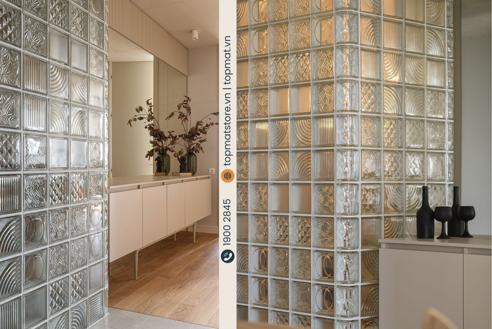 Gạch kính trang trí phòng khách đa dạng mẫu mã kết hợp tạo điểm nhấn sang trọng, hiện đại