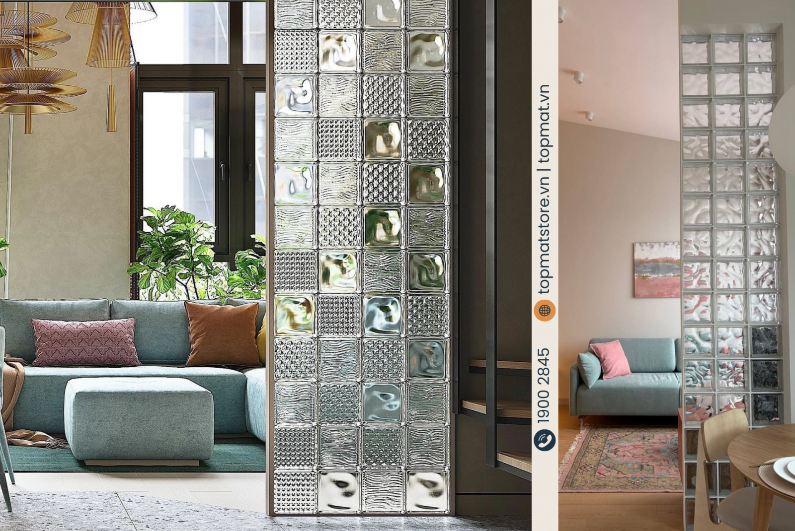 Gạch kính trang trí phòng khách kết hợp nhiều hoa văn tạo phong cách riêng, ấn tượng