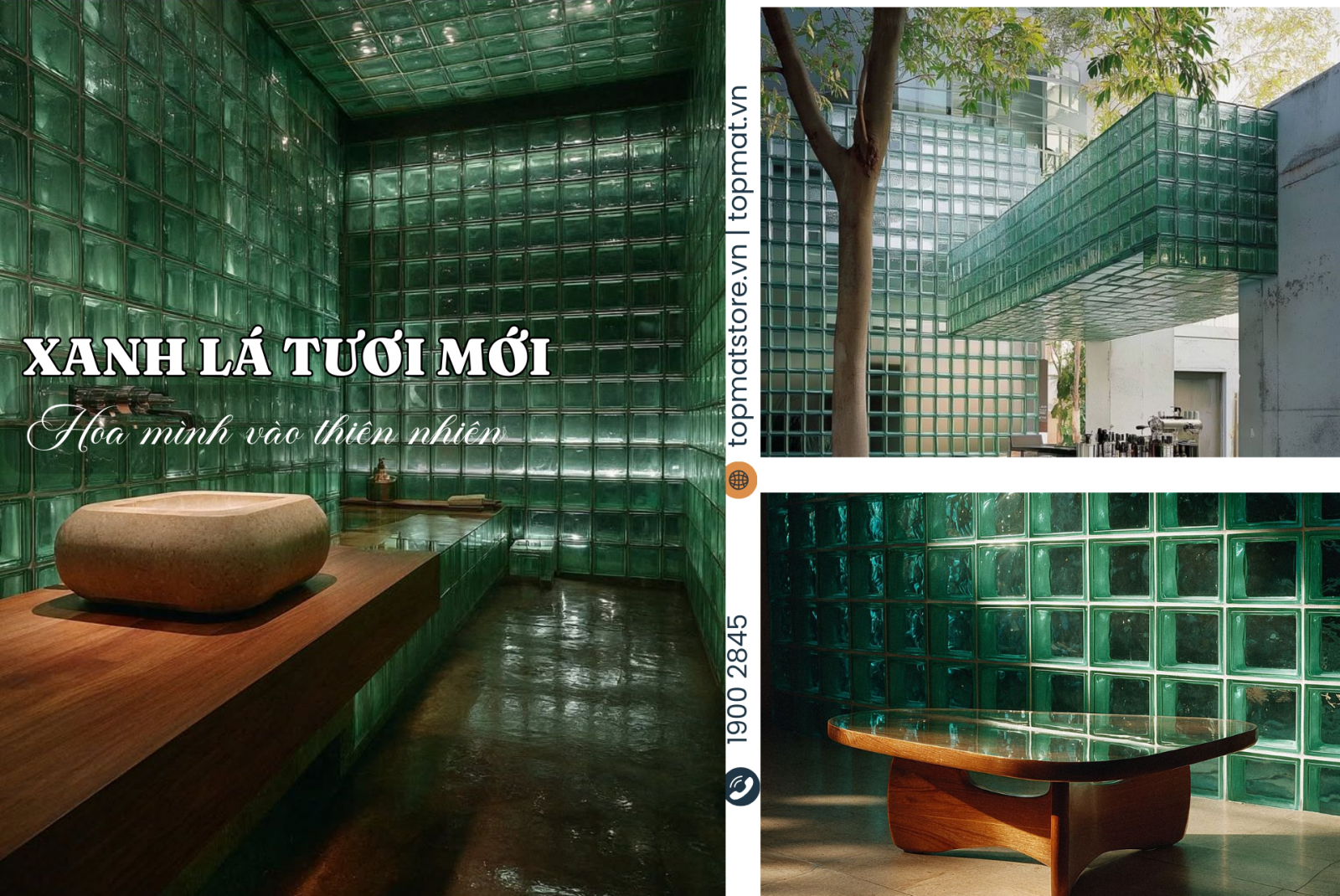 Gạch kính màu xanh lá tạo không gian tươi mới, hòa mình vào thiên nhiên