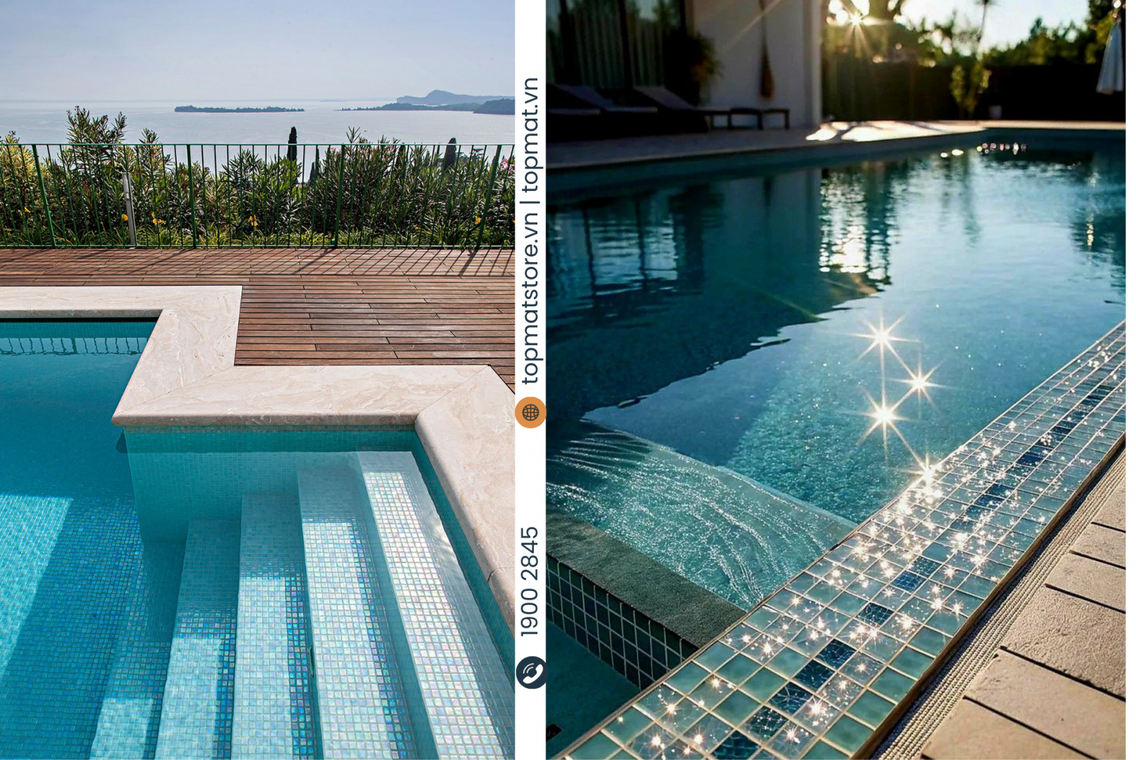 Gạch mosaic thủy tinh ốp bể bơi tạo hiệu ứng ánh sáng lung linh