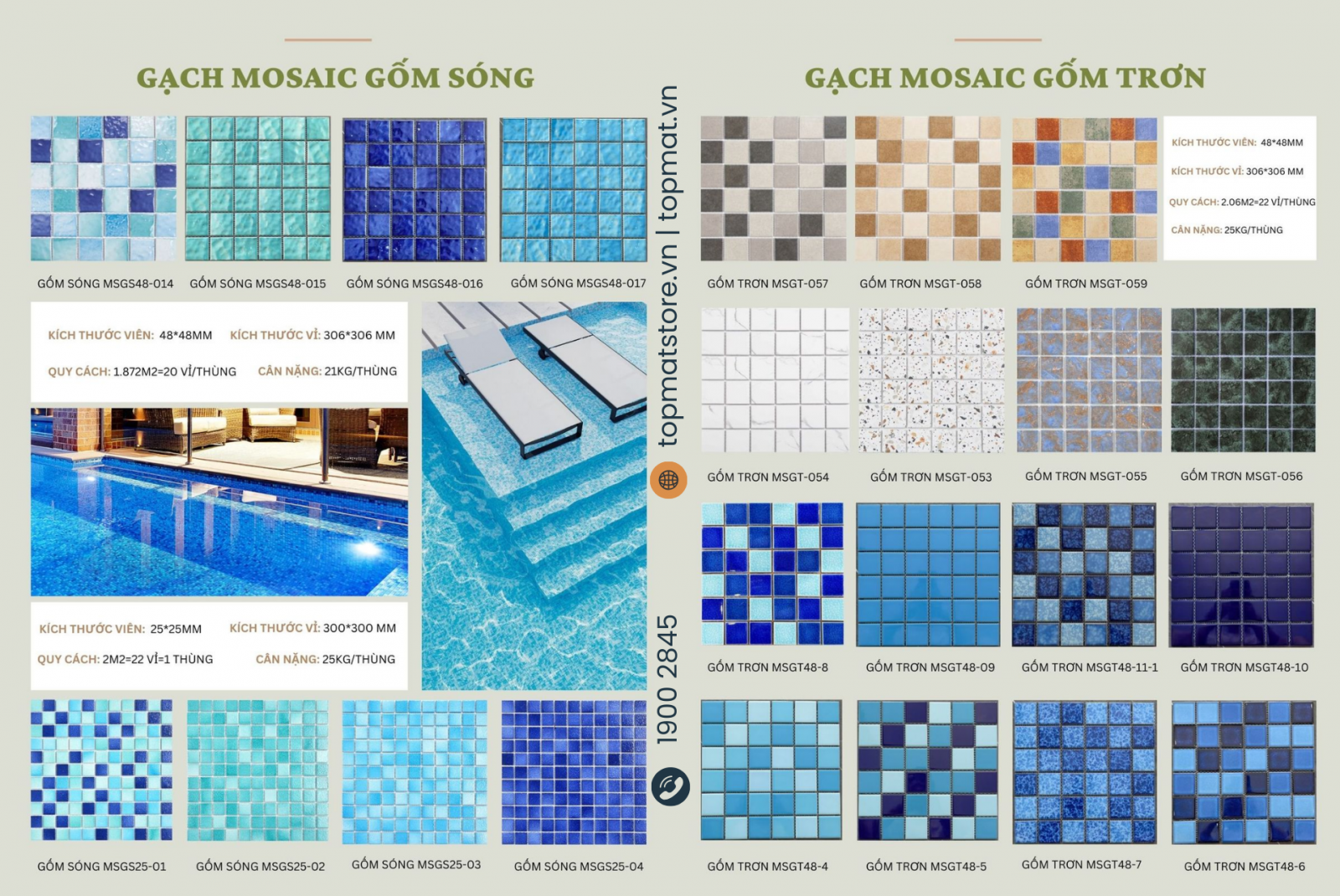 Gạch mosaic gổm sóng, gốm trơn ốp hồ bơi đa dạng màu sắc