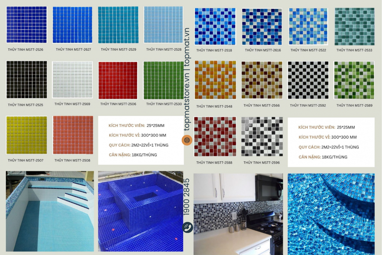 Gạch mosaic thủy tinh kích thước 25x25cm đa dạng màu sắc