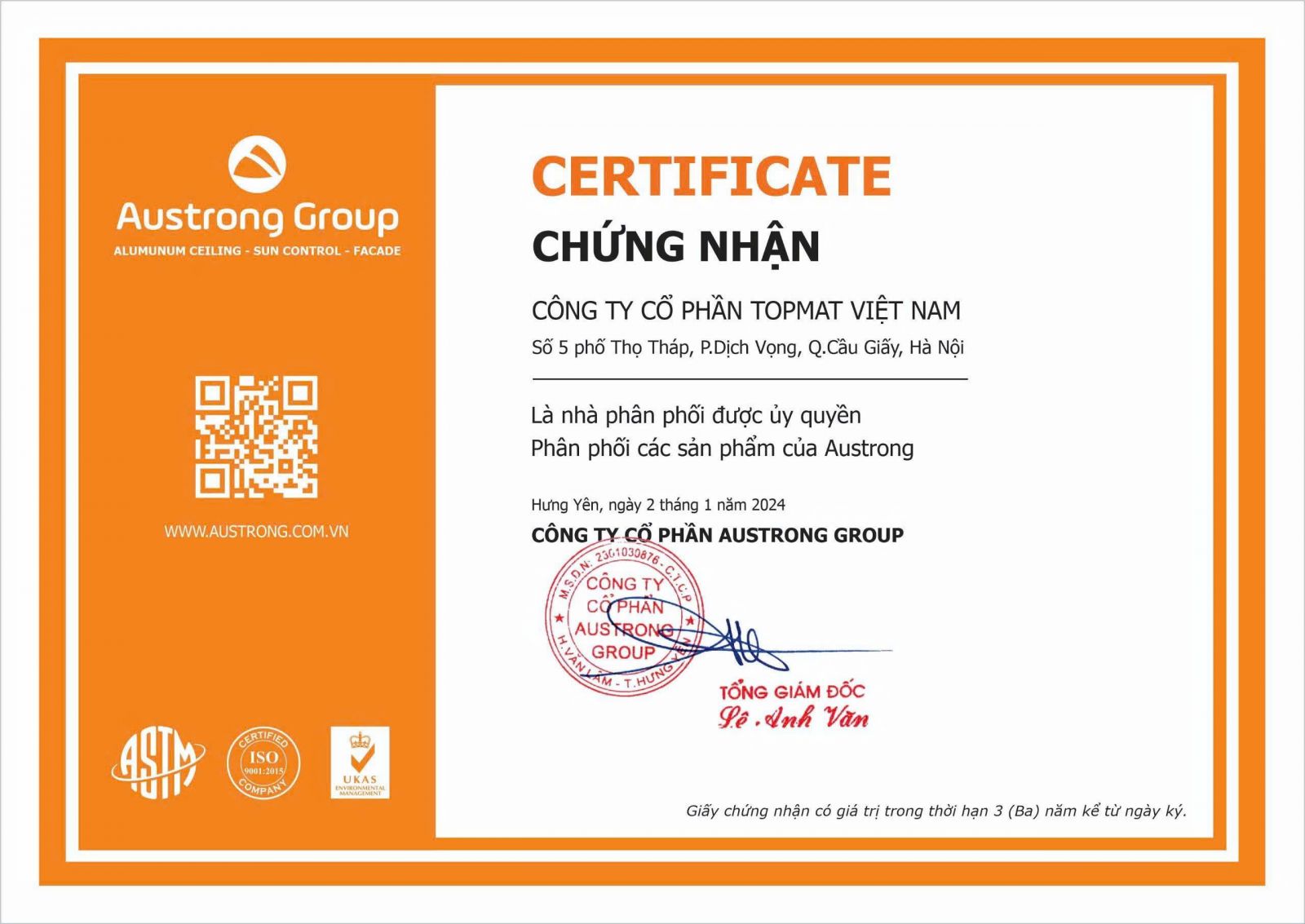 Giấy chứng nhận đại lý cấp 1 phân phối trần nhôm Austrong của Topmat