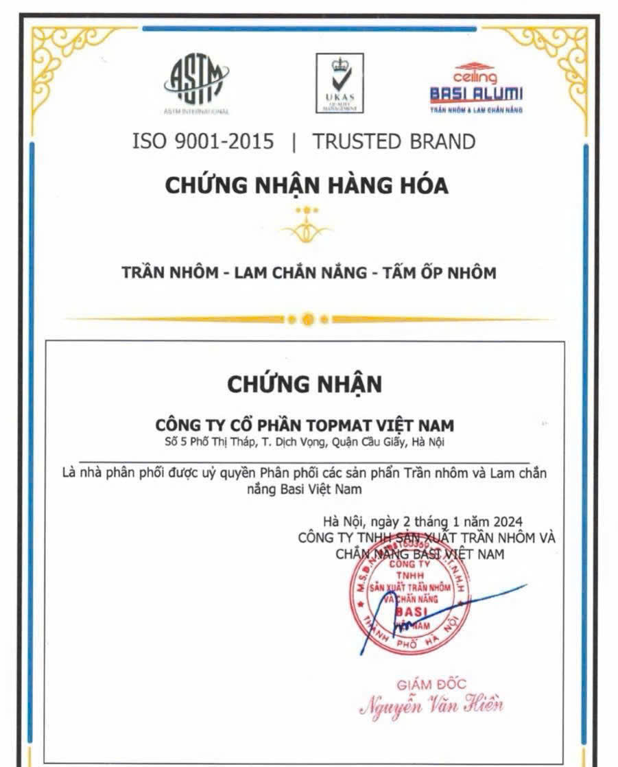 Giấy chứng nhận đại lý phân phối cấp 1 trần nhôm Basi của Topmat