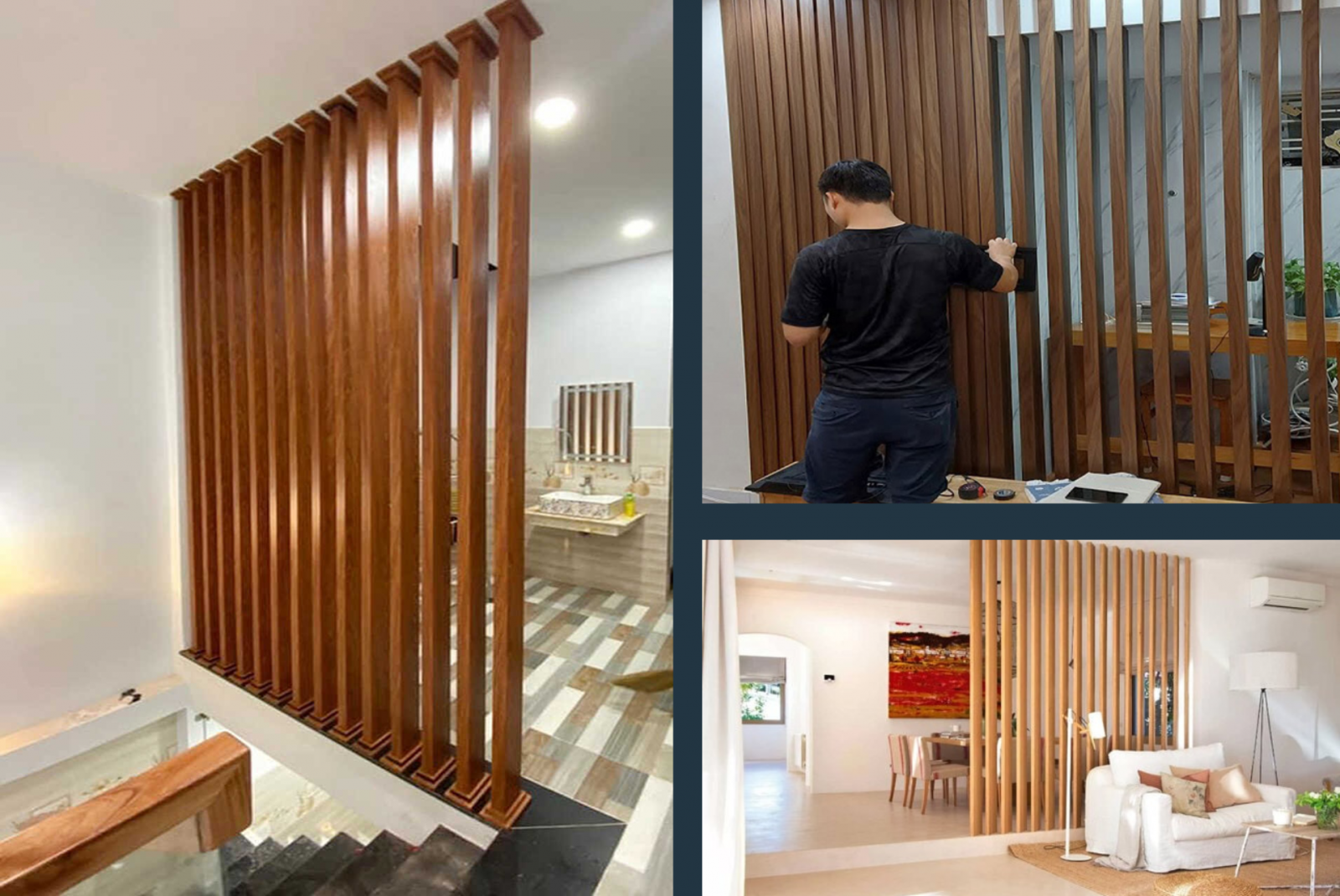 Các mẫu lam nhôm giả gỗ phòng khách, cầu thang tạo vách ngăn trang trí thông thoáng