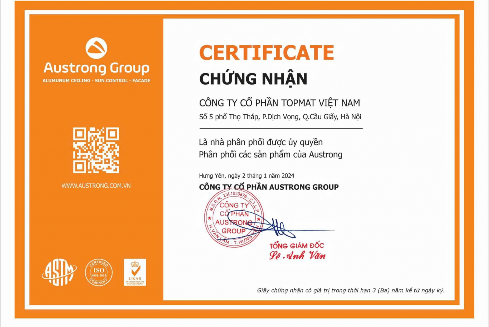 Giấy chứng nhận phân phối trần nhôm Austrong