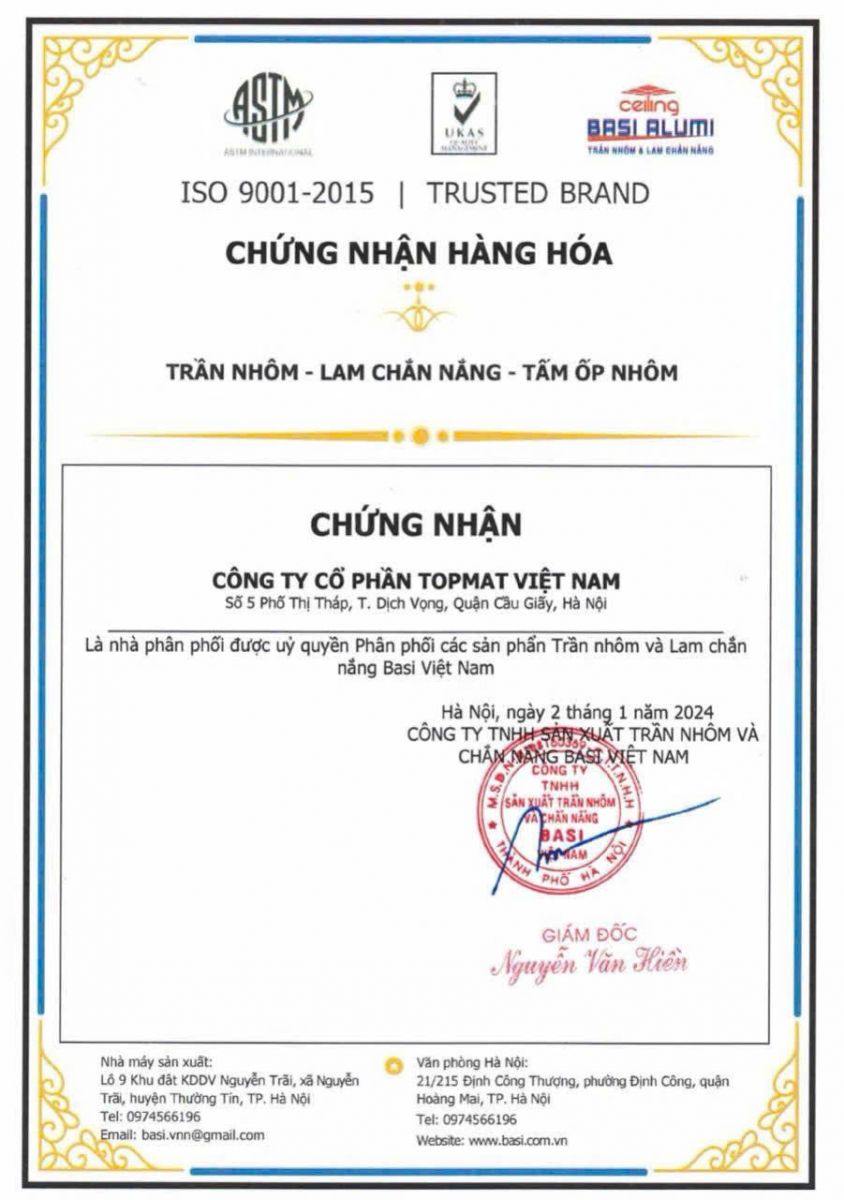 Chứng nhận trần nhôm chính hãng Basi