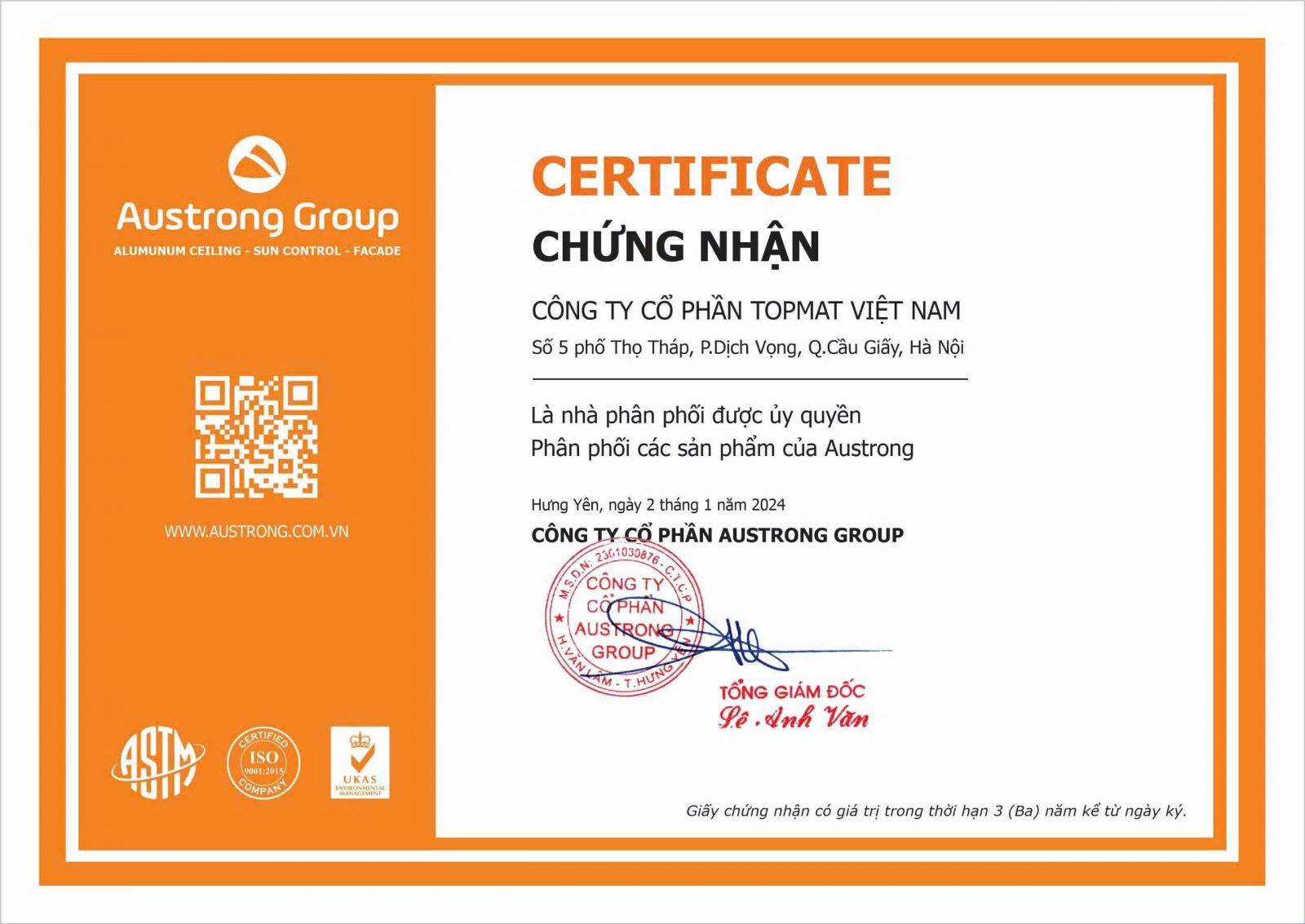 Chứng nhận đại lý phân phối trần nhôm Austrong